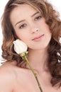 Close-up of beautiful girl with white rose flower Royalty Free Stock Photo