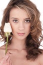 Close-up of beautiful girl with white rose flower Royalty Free Stock Photo