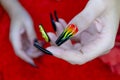 Close up beautiful glamorous fashionista woman acrylic fingernail coffin style painting trendy flame on thumb nail