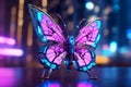 Close up of beautiful glowing cyberpunk cyborg monarch butterfly with pink and blue shining neon lights and robotic legs at night Royalty Free Stock Photo