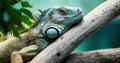 Close up of beautiful green Iguana on branch