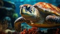 Close up of a beautiful green sea turtle swimming underwater generated by AI Royalty Free Stock Photo