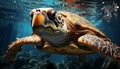 Close up of a beautiful green sea turtle swimming underwater generated by AI Royalty Free Stock Photo