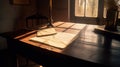 Close up of a beautiful handwritten letter on a table, in a room basking in sunlight. Generative AI