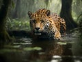 An elegant jaguar stalking in a swampy forest