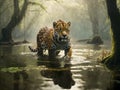An elegant jaguar stalking in a swampy forest