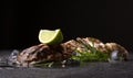 Close-up of beautiful large oysters with a lime segment on top. Delicious sea mollusk on a black background. Expensive Royalty Free Stock Photo