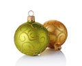 Close-up of beautiful luxury green and golden christmas balls with glittering pattern