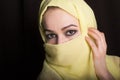 Close-up beautiful mysterious eyes eastern woman wearing a hijab