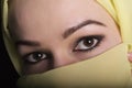 Close-up beautiful mysterious eyes eastern woman wearing a hijab