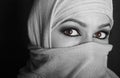 Close-up beautiful mysterious eyes eastern woman wearing a hijab. black and white