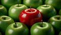 Close-up of a Beautiful One Red Apple on Top of a Stack of Green Apples - Generative Ai