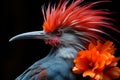 Close up of a beautiful red-crested bird with flowers Generated with AI