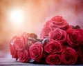 Close up beautiful red roses bouguet with glowing light background for valentine day and love theme