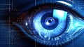 Close up of beautiful robotic blue eye with hud interface and lines of code around it. Cybernetic graphs and holograms. Concept of