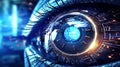 Close up of beautiful robotic blue eye with hud interface and lines of code around it. Cybernetic graphs and holograms. Concept of