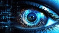 Close up of beautiful robotic blue eye with hud interface and lines of code around it. Cybernetic graphs and holograms. Concept of