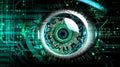 Close up of beautiful robotic green eye with hud interface and lines of code around it. Cybernetic graphs and holograms. Concept