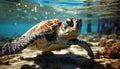 Close up of a beautiful sea turtle swimming underwater generated by AI Royalty Free Stock Photo