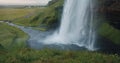 Close up of beautiful Seljalandfoss waterfall in sunset light, Iceland Royalty Free Stock Photo