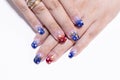 Close up beautiful sparkling red and blue glitter ombre style on woman acrylic fingernail