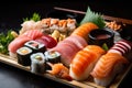 Close-up of a beautiful sushi platter with various types of rolls, nigiri, and sashimi, demonstrating the diversity Royalty Free Stock Photo