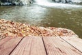 Close-up beautiful waterfall in deep forest and wood pier Royalty Free Stock Photo