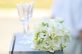 Close up of beautiful wedding bouquet Bride on table Royalty Free Stock Photo