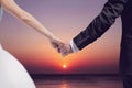 Close up beautiful wedding couple, bride and groom holding their hands on evening sunset landscape background Royalty Free Stock Photo