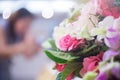 Close up beautiful wedding flowers bouquet Decoration made of pink roses in soft style blur background. copy space.Romantic Royalty Free Stock Photo