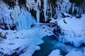 CLOSE UP: Beautiful wintry scenery of frozen waterfalls in British Columbia.