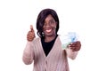 Close-up of a beautiful woman holding banknotes, happy Royalty Free Stock Photo