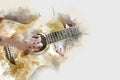 Abstract woman playing acoustic guitar on watercolor illustration painting background. Royalty Free Stock Photo