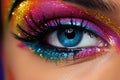 Close-up of beautiful woman\'s eye with bright make-up, top section cropped, AI