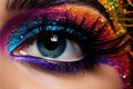 Close up of beautiful woman\'s eye with bright make-up top section cropped, AI