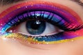 Close-up of beautiful woman\'s eye with multicolor makeup, top section cropped,