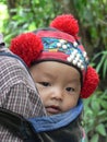 Close up of beautiful, Yao baby baby in hat with red pom poms, Laos