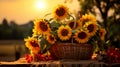 Close-up of beautiful yellow sunflowers in a wooden wicker basket with a blurred background. Image for the calendar Royalty Free Stock Photo