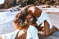 Close up of beautiful young couple having fun at the beach Royalty Free Stock Photo