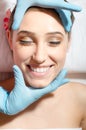 Close up of beautiful young lady attractive girl with great dental care having fun on spa procedures Royalty Free Stock Photo