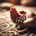 A close up of a beautifully crafted prayer bead held gently between fingers, with a soft focus on a prayer rug in the