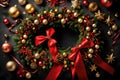A close-up of a beautifully decorated Christmas wreath with vibrant red ribbons and golden ornaments
