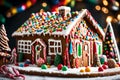 A close-up of a beautifully decorated gingerbread house with colorful icing and candy accents