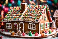 A close-up of a beautifully decorated gingerbread house with colorful icing and candy accents