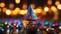 A close-up of a beautifully decorated Hanukkah dreidel, festive holiday celebrations. The dreidel, adorned reflects the colorful