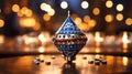 A close-up of a beautifully decorated Hanukkah dreidel, festive holiday celebrations. The dreidel, adorned reflects the colorful