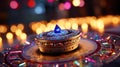 A close-up of a beautifully decorated Hanukkah dreidel, festive holiday celebrations. The dreidel, adorned reflects the colorful