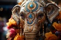 A close-up of a beautifully decorated Indian elephant