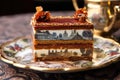 a close-up of a beautifully decorated opera cake