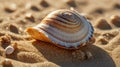 Golden Hour Shell: A Coastal Treasure on Sun-Kissed Sand, Seaside Serenity Royalty Free Stock Photo